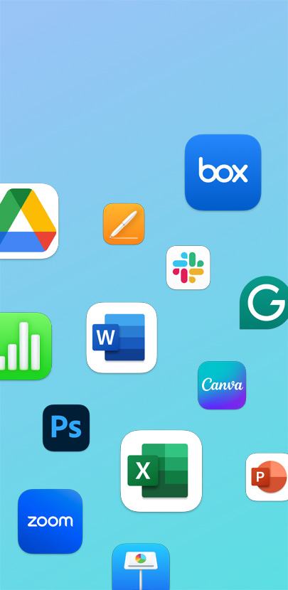 Verschiedene verteilte App Symbole, darunter Zoom, Adobe Photoshop, Microsoft Excel und Slack.