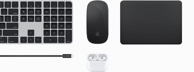 Kokoelma lisävarusteita, mukaan lukien Magic Keyboard, Magic Mouse, Magic Trackpad, Thunderbolt 4 Pro ‑johto ja AirPods Pro ‑kuulokkeet.