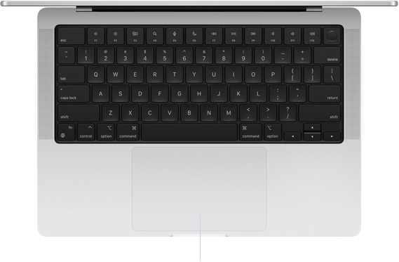 Skats no augšas uz atvērtu 14 collu MacBook Pro ar Force Touch skārienpaliktni zem tastatūras