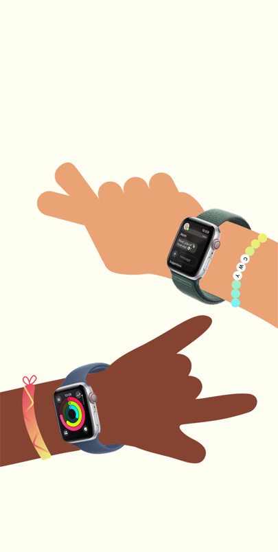 Illustration of two childrens' hands. Each is wearing an Apple Watch SE. Click the plus button to see more information on Apple Watch For Your Kids features.