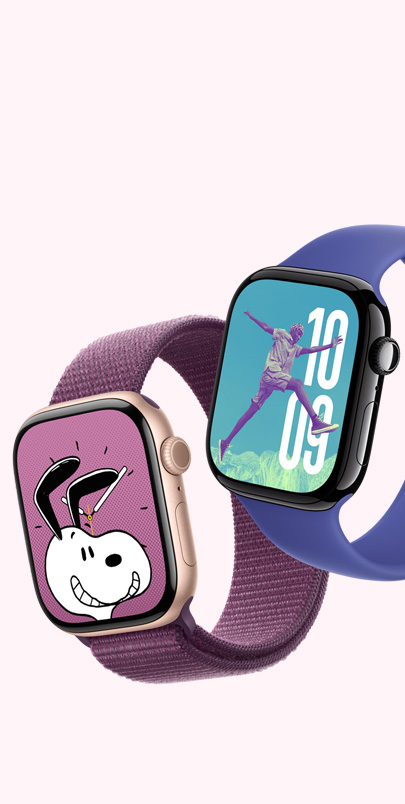 Two Apple Watch Series 10. The first has a Snoopy watch face and a Plum Sport Loop. The second has a Photos watch face and an Ultramarine Solo Loop. Click the plus button to see more information on Personalization.