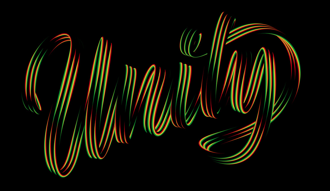 The word “unity” is displayed in a red, green, and yellow cursive script, reflecting the colors of the Pan-African flag.