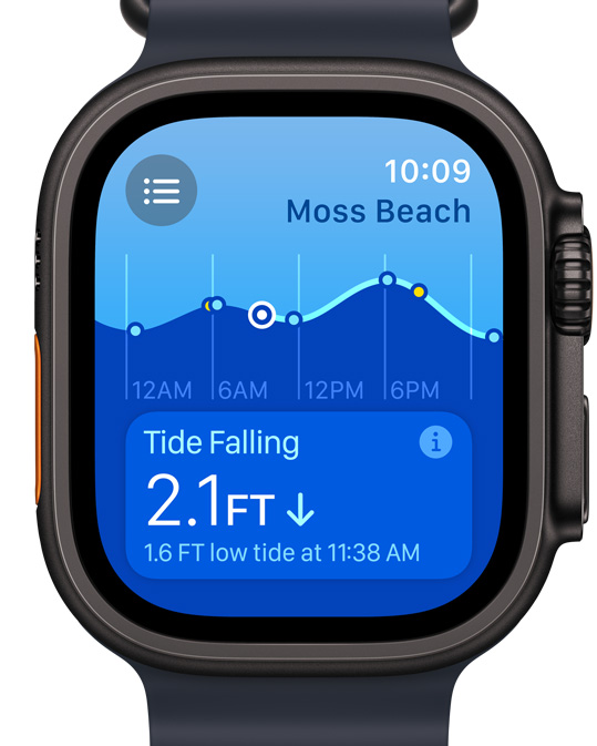 Apple Watch Ultra mit der neuen Gezeiten App auf dem Display.