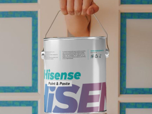 Hisense paint, semi-plastic economical white paint, a hand with a can of Hisense paint between door.