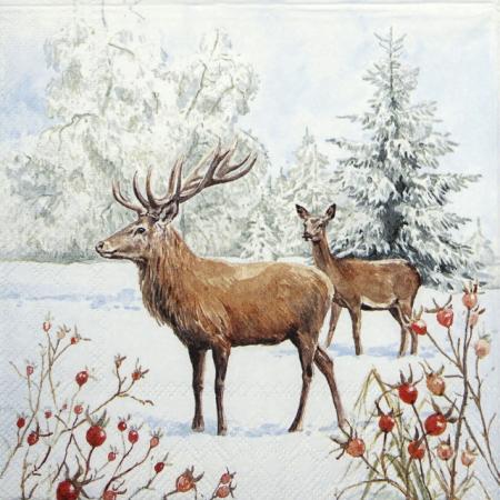 Serviettes en papier AMBIENTE Cerf et biche dans la neige