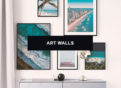 Beach-themed poster art wall