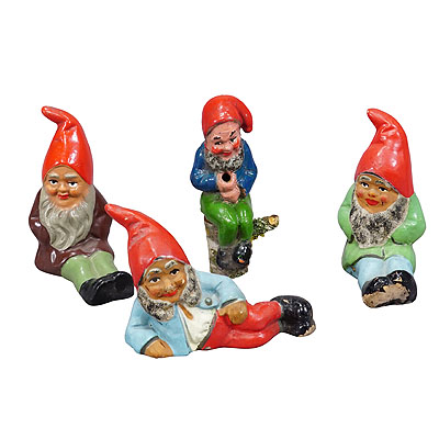 Lot of Four Tiny Terracotta Garden Gnomes, Germany ca. 1950s.