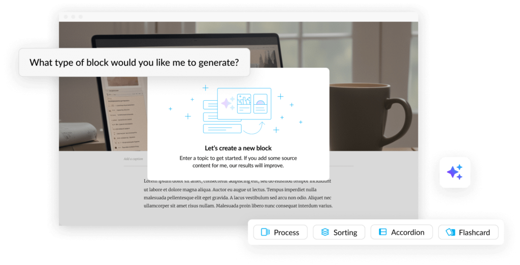 Rise interface asking the user what kind of block they'd like to generate with AI. The options are: process, sorting, accordion, flashcard.
