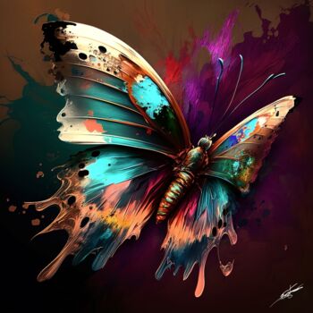 Digital Arts titled "Papillon V5" by Frédéric Font (Chroma), Original Artwork, Digital Painting Mounted on Wood Stretcher fr…