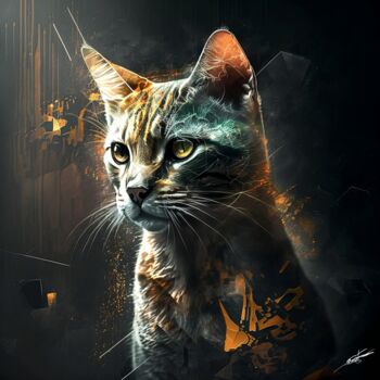 Digital Arts titled "Regard de chat sauv…" by Frédéric Font (Chroma), Original Artwork, Digital Painting Mounted on Wood Str…