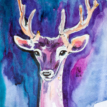 Painting titled "Deer Watercolor Ori…" by Natasha Ledeneva, Original Artwork, Watercolor