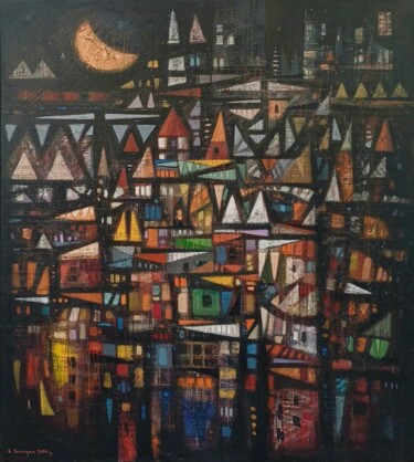 Painting titled "City of Night Lights" by Aram Sevoyan, Original Artwork, Oil Mounted on Wood Stretcher frame