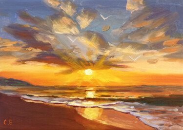 Painting titled "Sunrise" by Evgeny Chernyakovsky, Original Artwork, Oil Mounted on Wood Stretcher frame