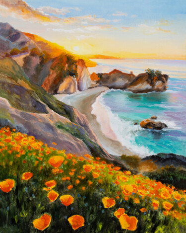 Painting titled "McWay Falls Califor…" by Lucia Verdejo, Original Artwork, Oil Mounted on Wood Panel