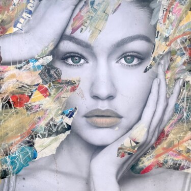 Colagens intitulada "Gigi Hadid" por Maëva Stara, Obras de arte originais, Colagens Montado em Armação em madeira