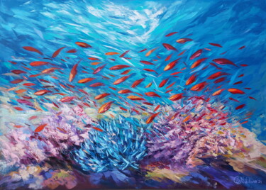 Painting titled "Coral Reef Painting…" by Olga Nikitina, Original Artwork, Oil Mounted on Wood Stretcher frame