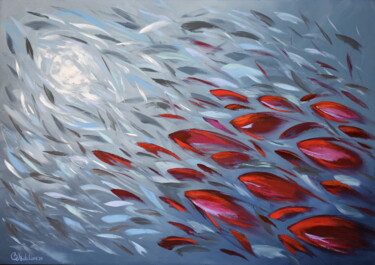 Painting titled "School of Red Fish…" by Olga Nikitina, Original Artwork, Oil Mounted on Wood Stretcher frame