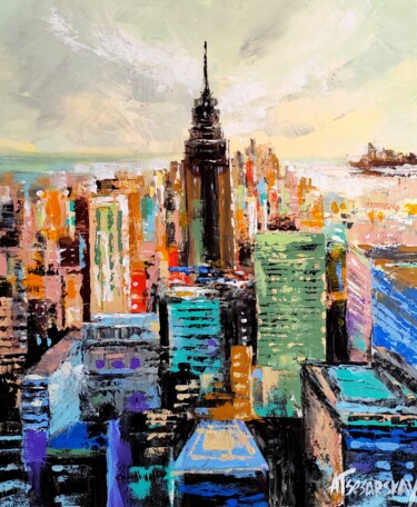 Painting titled "Sunset in New York…" by Aliaksandra Tsesarskaya, Original Artwork, Acrylic Mounted on Wood Stretcher frame