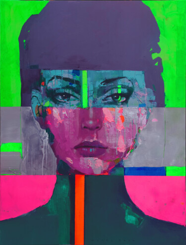 Painting titled "lady's face in Green" by Viktor Sheleg, Original Artwork, Oil Mounted on Wood Stretcher frame