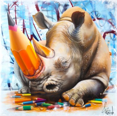 Pintura intitulada "Rhinocéros Urbain" por Vincent Bardou, Obras de arte originais, Óleo Montado em Armação em madeira