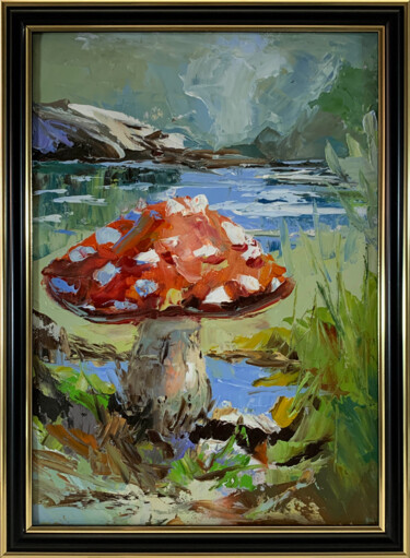 Painting titled "Fly agarics.#8. Lan…" by Vita Schagen, Original Artwork, Oil Mounted on Cardboard