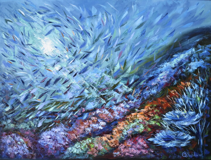 Painting titled "Coral Reef Painting…" by Olga Nikitina, Original Artwork, Oil Mounted on Wood Stretcher frame