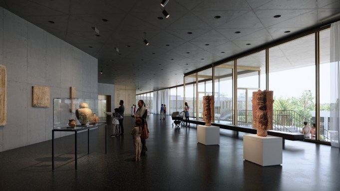 Rendering of David Geffen Galleries at LACMA, showing terrace galleries, facing west.