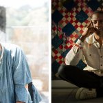 Composite image of a portrait of a Mexican woman with short hair taken outside and a portrait of a Black man sitting cross-legged in front of a quilted tapestry.