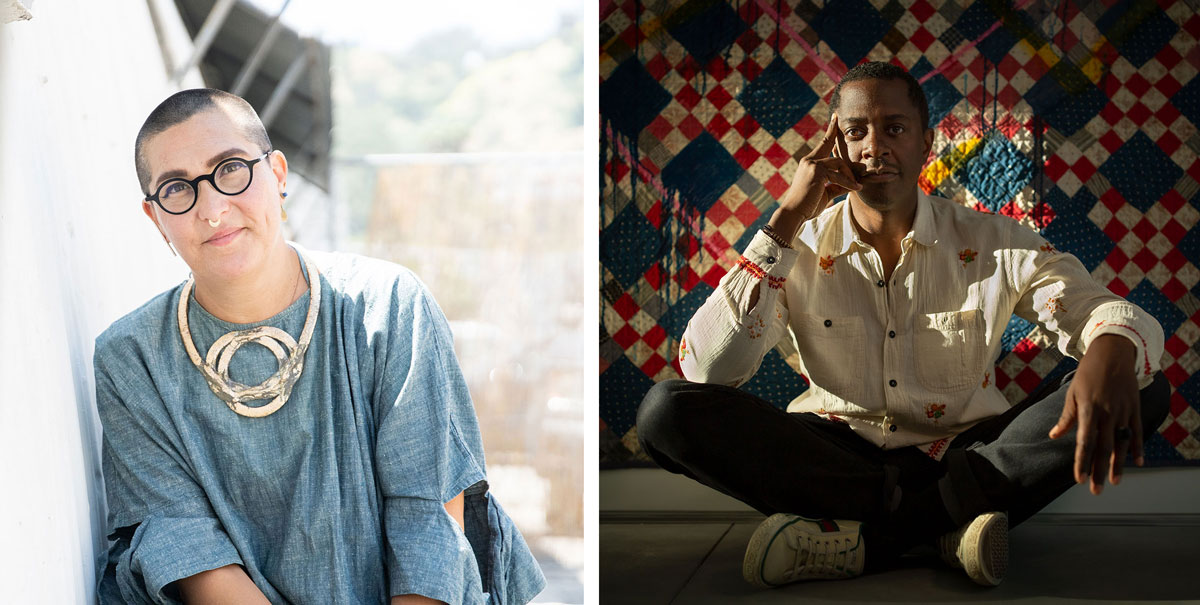 Composite image of a portrait of a Mexican woman with short hair taken outside and a portrait of a Black man sitting cross-legged in front of a quilted tapestry.