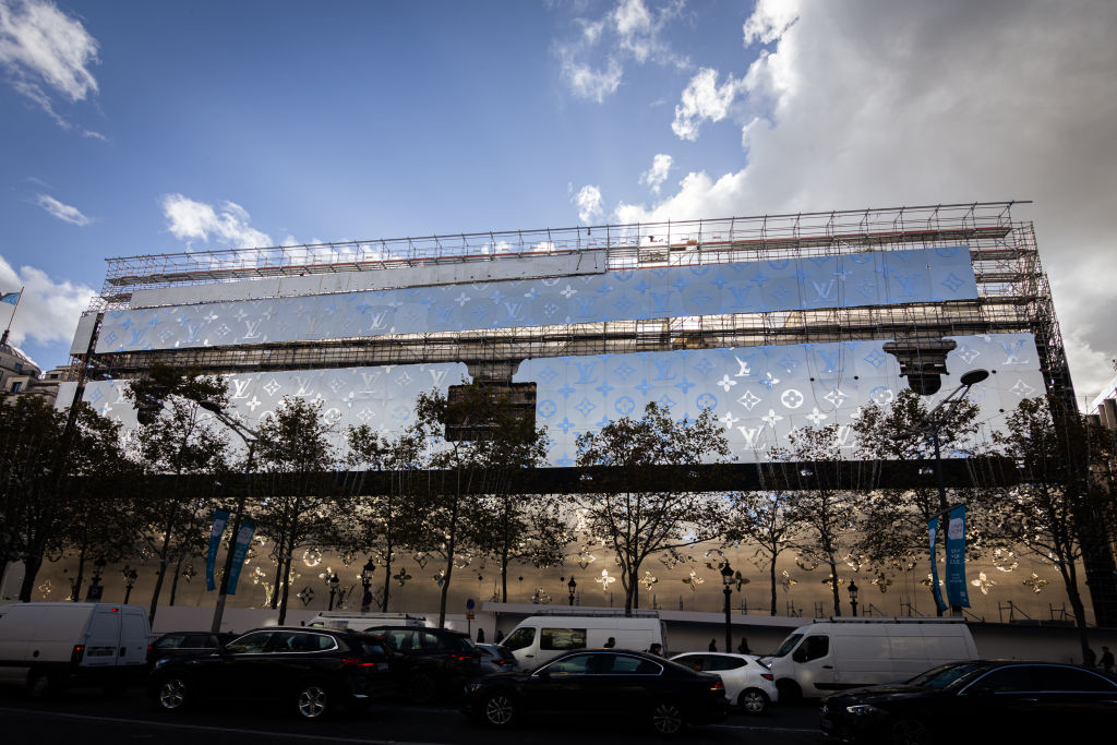 A view of the Louis Vuitton building in Paris, France, on November 7, 2023. The LVMH group will create a giant project in the former headquarters of the HSBC bank, on the Champs Elysees avenue, in Paris. A 6000 square meter store and a hotel are expected. Almost 5 times the size of the current Louis Vuitton store in the building next door. (Photo by Telmo Pinto/NurPhoto via Getty Images)