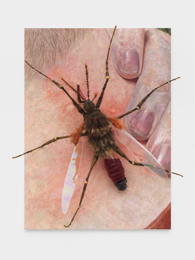 A painting features an oversized sculptural mosquito on the back of a shaven light-skinned neck.