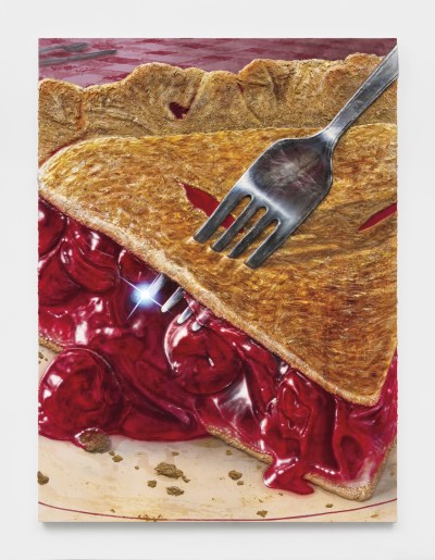 A textured painting of a slice of cherry pie with a bright white twinkle.