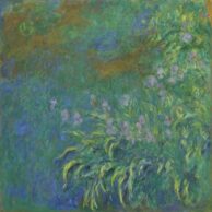 Irises by Claude Monet depicts a vibrant garden scene with rich texture and color, emblematic of Monet's Impressionist style.