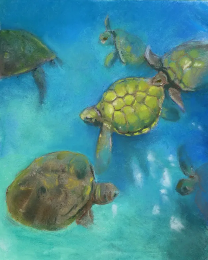 A painting of sea turtles in the water.