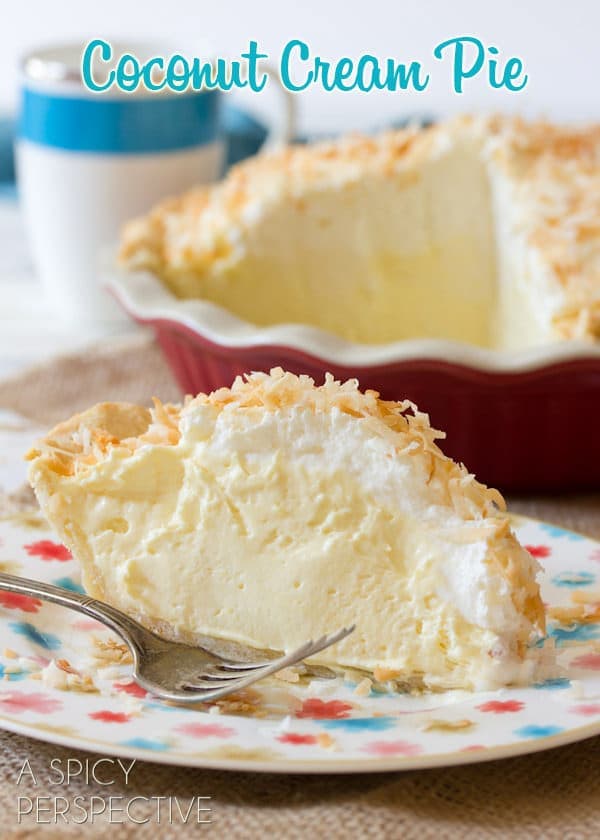 Coconut Cream Pie Recipe - slice of pie placed on plate with creamy filling 