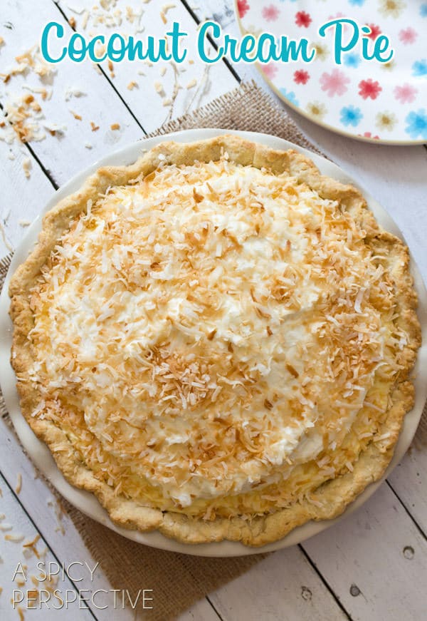 Coconut Cream Pie - A Coconut Pie Recipe with Cream of Coconut - overhead shot of whole pie on white wooden table