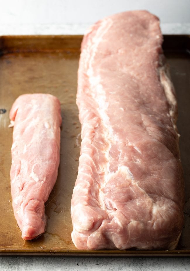 tenderloin and loin side-by-side on a board