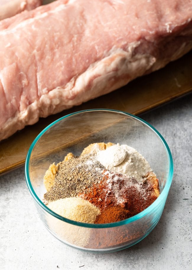 Smoked Pork Loin Rub - pork rub spices in a glass dish