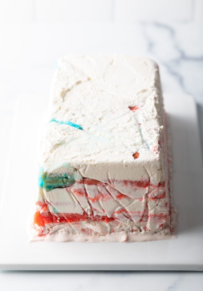 Unwrapped frozen icebox cake.