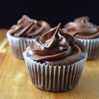 Deliciously moist chocolate cupcakes topped with rich chocolate frosting.