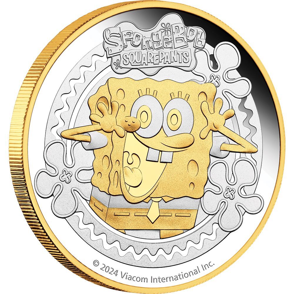  2024 $2 SpongeBob SquarePants 2 Oz Silver Proof Gilded Coin