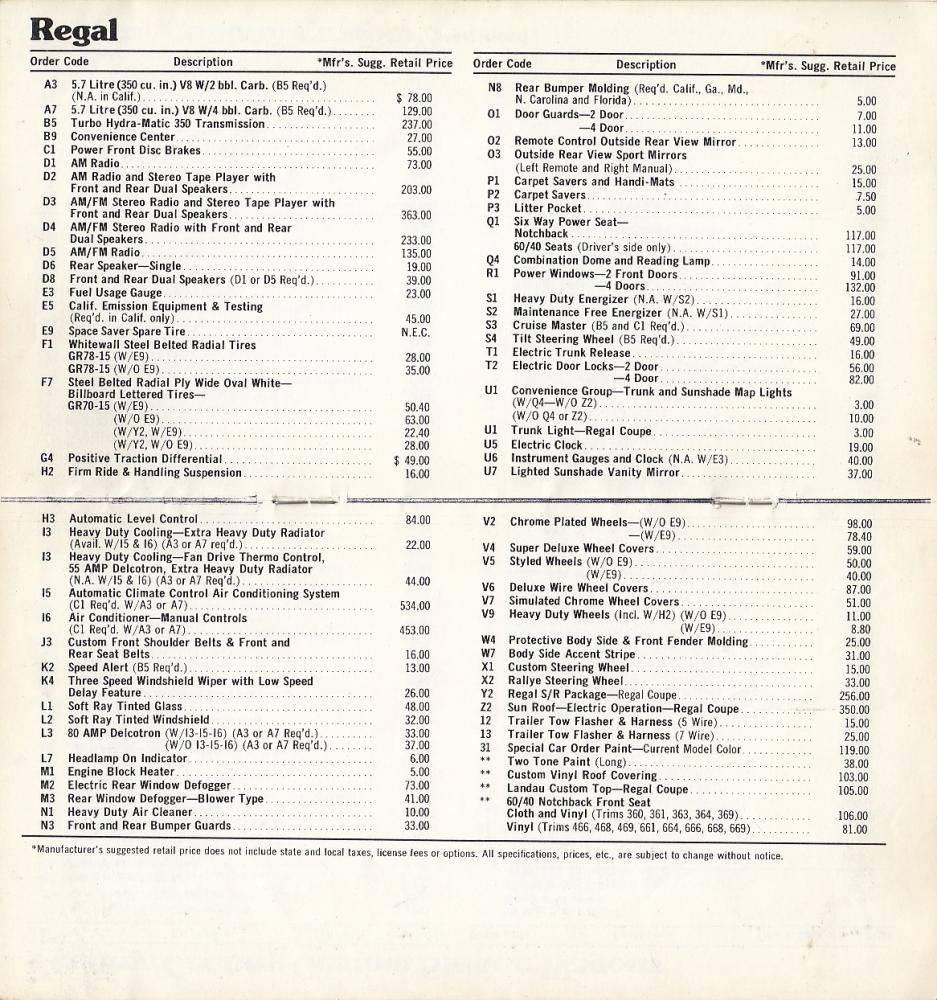 1975 Buick Dealer Price Directory Salesmens Reference Options & Prices ...