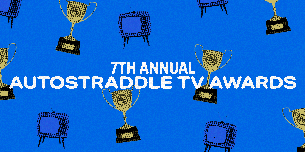 7th annual autostraddle tv awards against a blue backdrop that has images of tvs and trophies