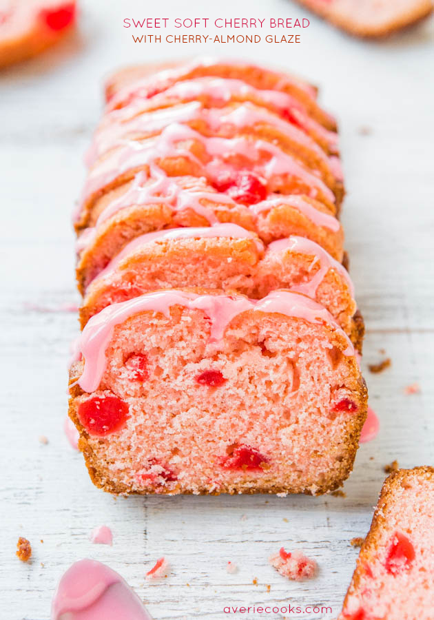 Slices of Sweet Soft Cherry Bread with Cherry-Almond Glaze. 