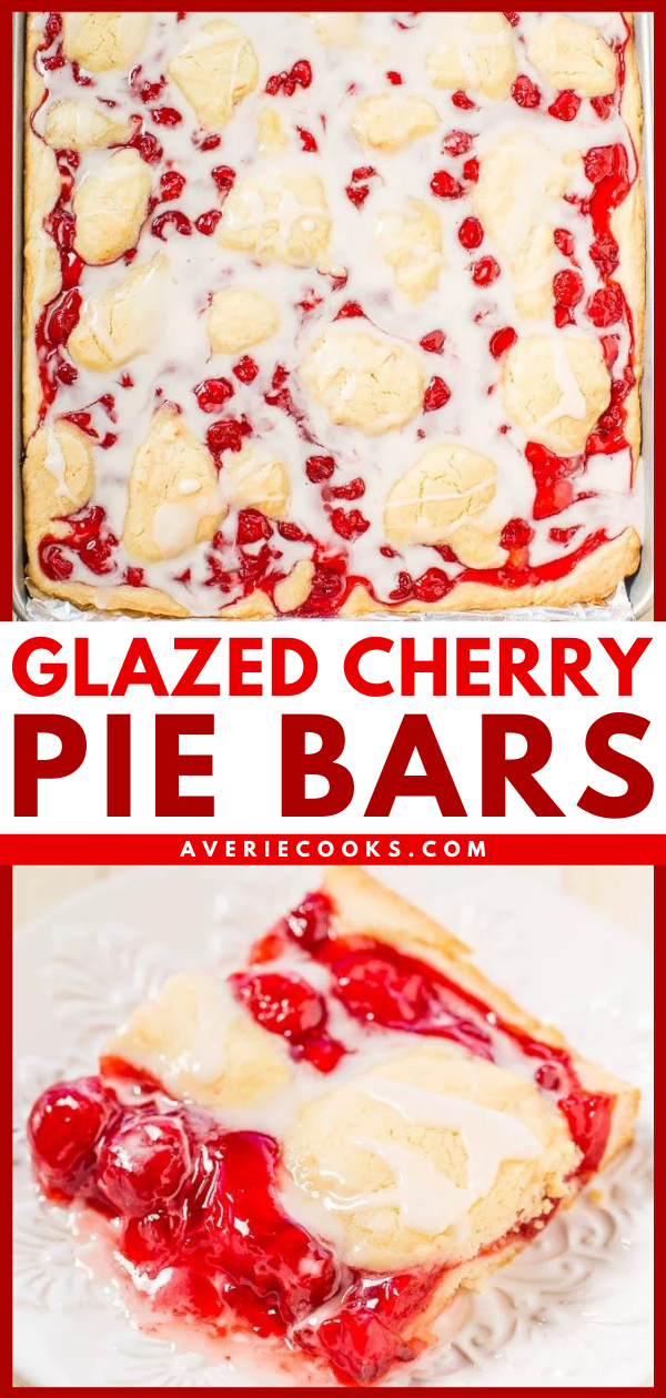 Glazed cherry pie bars Pinterest image with two images of the bars. 