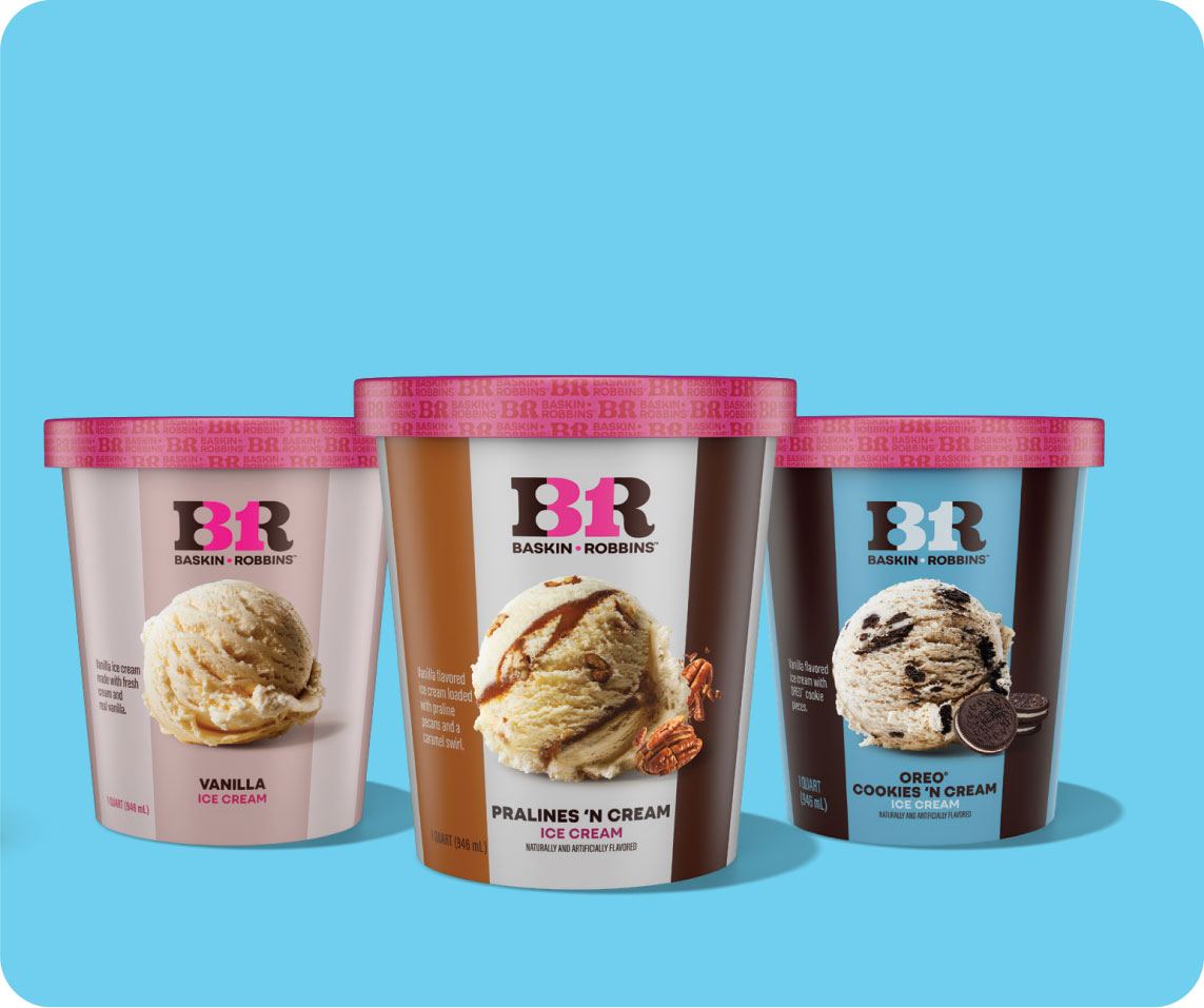 Three Baskin-Robbins ice cream tubs, flavors shown are Vanilla, Pralines 'N Cream, and Oreo Cookies & Cream from the popular dessert franchise.