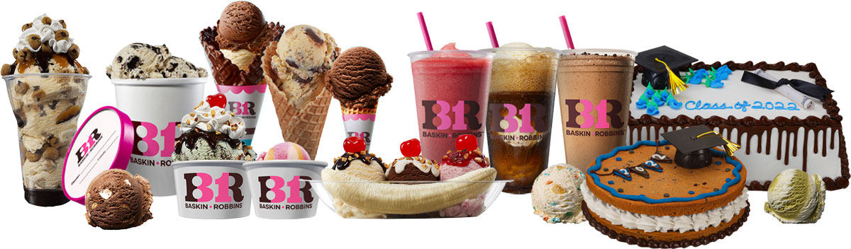 An assortment of Baskin-Robbins desserts, including ice creams in cones and cups, sundaes, milkshakes, ice cream cakes, and a graduation-themed cake from the renowned dessert and ice cream franchise.