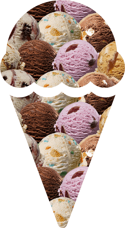 Indulge in a vibrant ice cream cone graphic filled with multiple scoops of delectable flavors like chocolate, vanilla, and more, complete with tasty mix-ins—a true dessert delight from your favorite ice cream franchise.