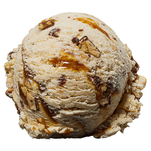         A scoop of caramel ice cream from our dessert franchise boasts visible chunks of nuts and luscious caramel swirls.