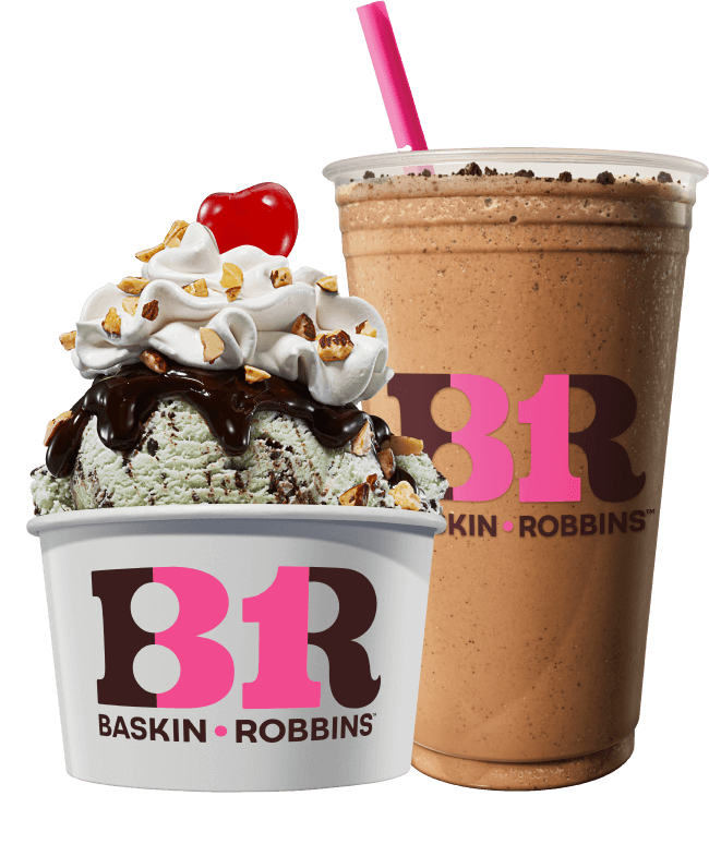 Baskin-Robbins dessert in a cup topped with whipped cream, nuts, and a cherry next to a chocolate shake with a pink straw, both in branded containers from the popular ice cream franchise.